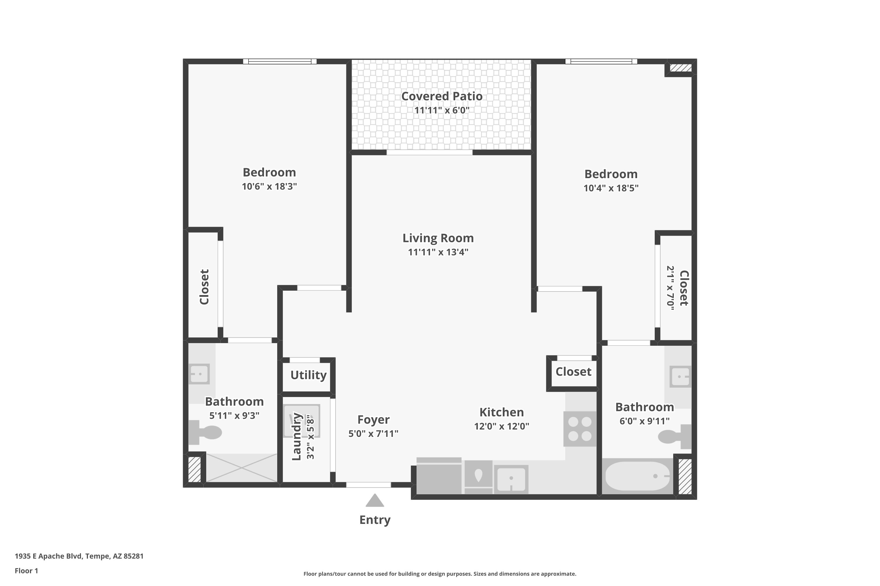Two-bedroom, two-bathroom apartment floor plan with kitchen and living room.