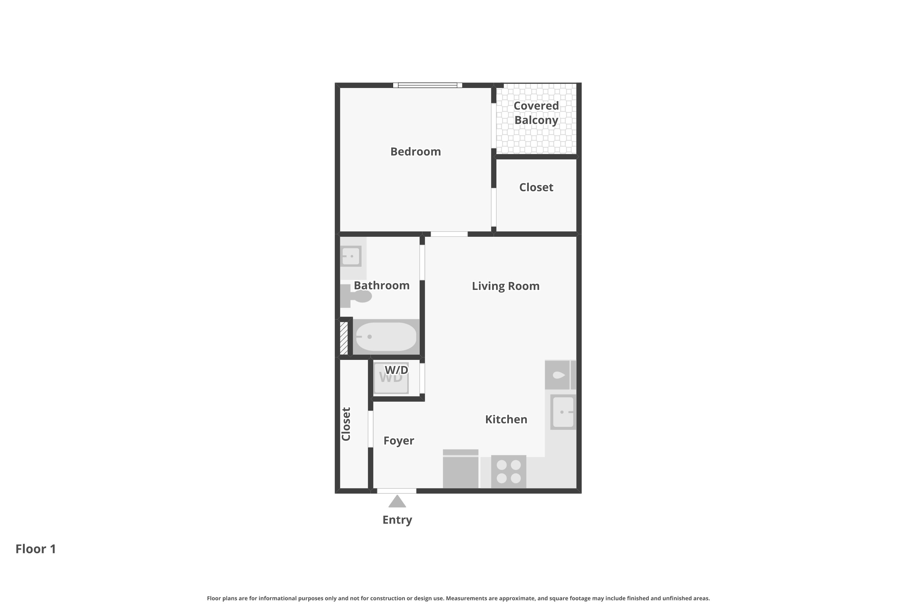 Floor plan of a one-bedroom apartment with kitchen, living room, bathroom, and closet.